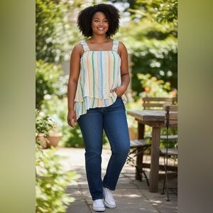 Pastel Striped Tank Top - Yellow Blue Pink Green Silver Embellishment Size 18 20